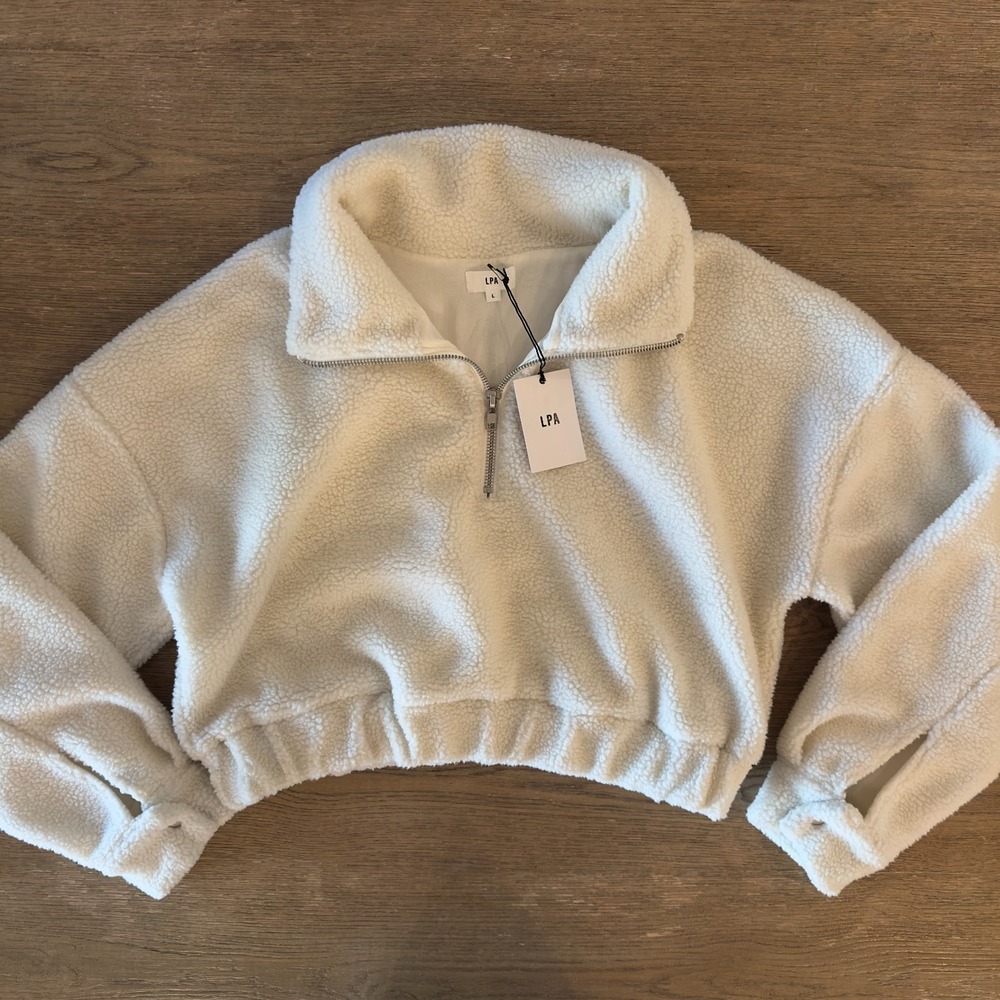 NEW Revolve LPA Quinn Pullover Cropped Sherpa 1/2 Zip Jacket-Cream-Sze L RRP$178